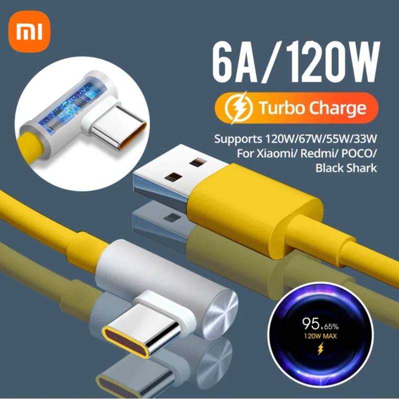 Original Xiaomi 120W 6A Usb Type C Game Fast Charging Cable 90 Degree Elbow For Mi 12 11 10 Pro Poco Redmi Note K40 Tipo Charger