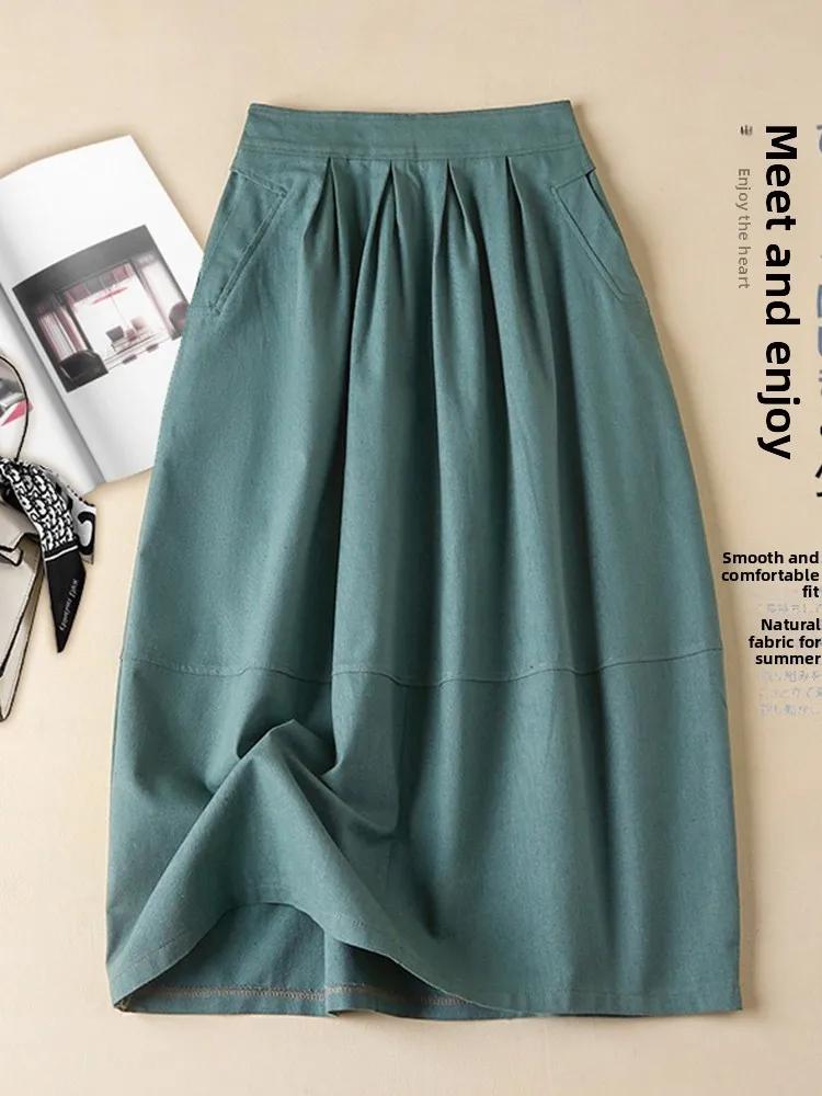 

High Waist A-Line Skirt Retro Linen Cotton Blend Flower Bud f-length Women's Casual Skirts Spring Summer Midi Skirts