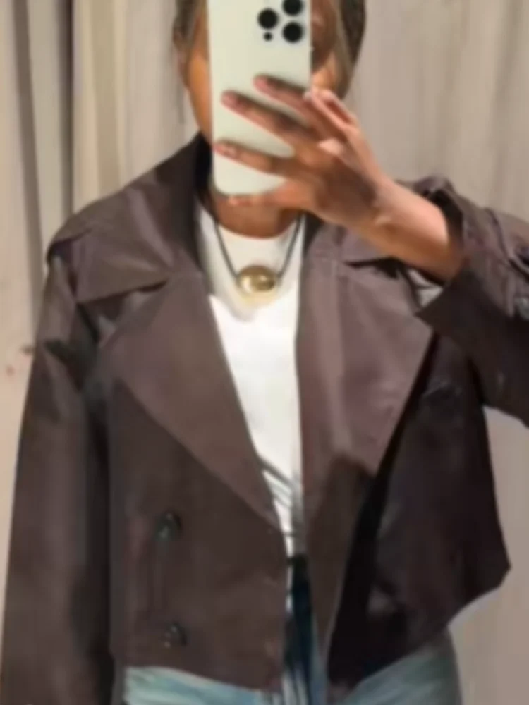 Brown Double Breasted Short Trench Coats Women Casual Lapel Long Sleeve Pocket Cropped Jackets Lady Commute Office Street Wear