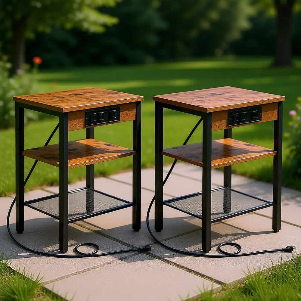 

2-Piece Charging Station Side Tables with USB Ports, Adjustable 3-Tier Nightstands for Small Spaces, Rustic Brown