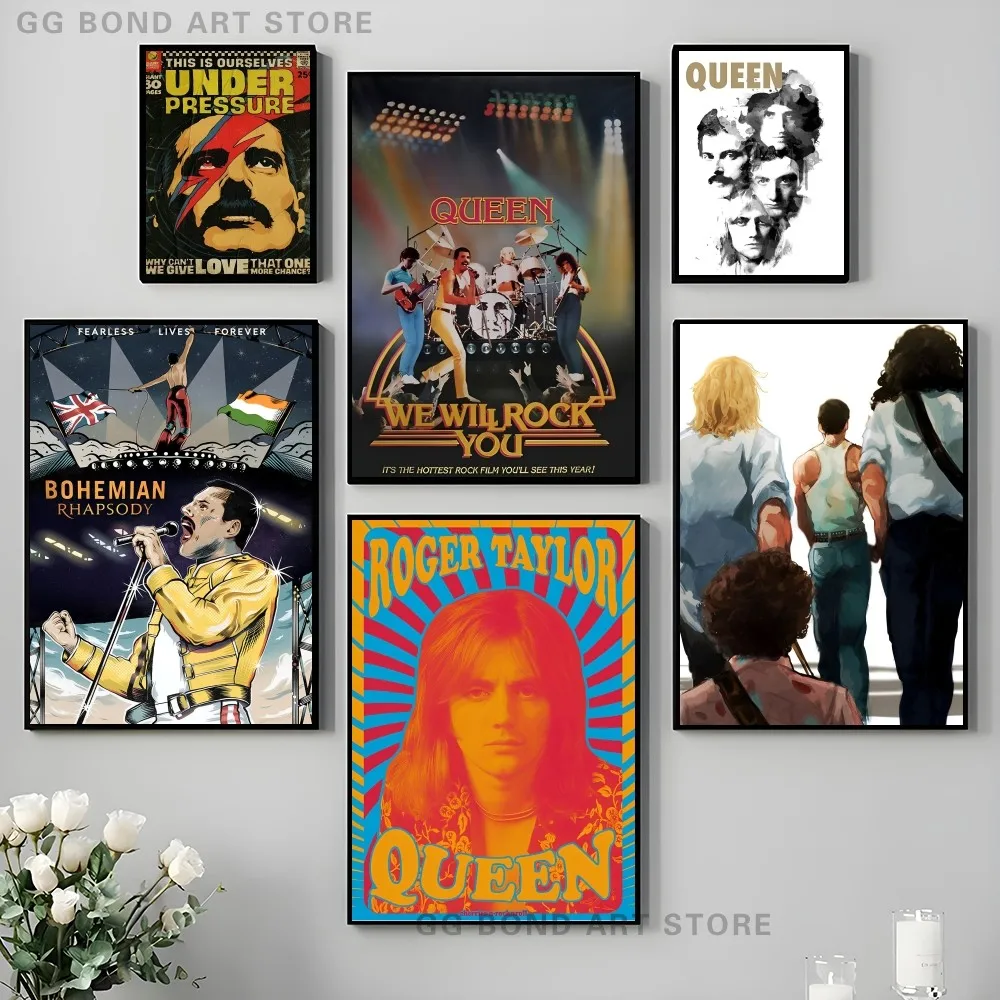 1PC Rock Bnd Queen Retro Tin Sign Bend Poster Self-adhesive Art Waterproof Paper Sticker Coffee House Bar Room Wall Decor