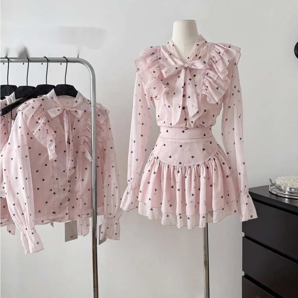 

French Spring Ruffled Bow Heart-shaped Printed Shirt Fashion High Waisted Short Skirt Sweet 2-piece Set Female Clothing Платье