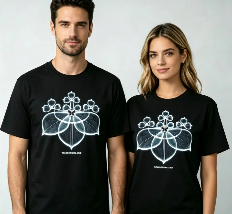 2026 New Neutral style round-neck T-shirt with geometric lotus and butterfly print for EDM music festival made of loose fabric