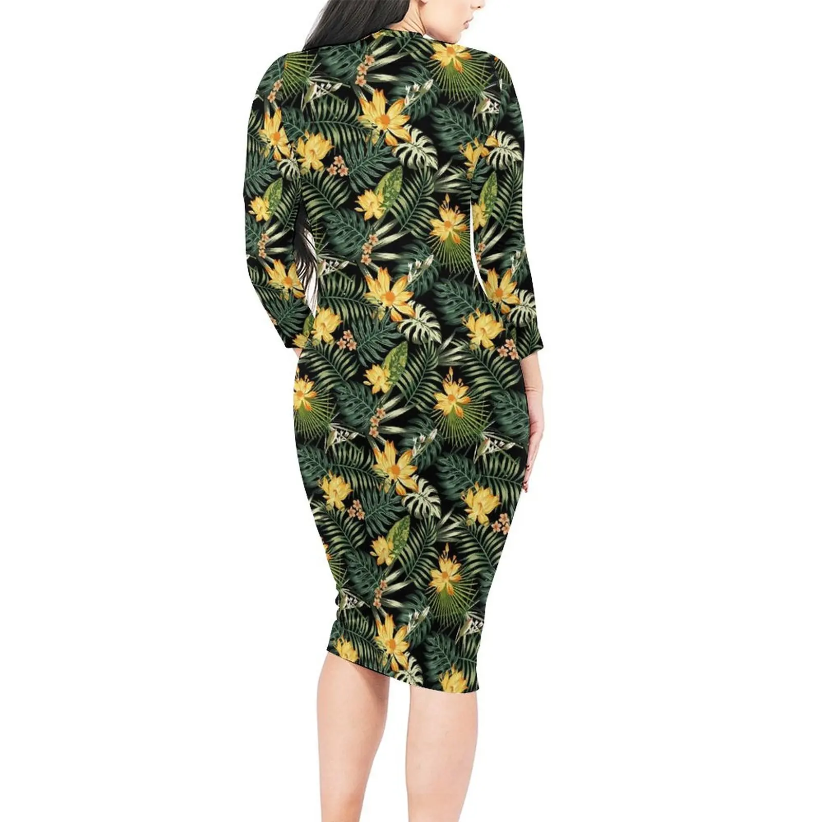 Tropical Floral Dress Long Sleeve Midnight Flowers Street Fashion Dresses Spring Elegant Bodycon Dress Women Graphic Vestido