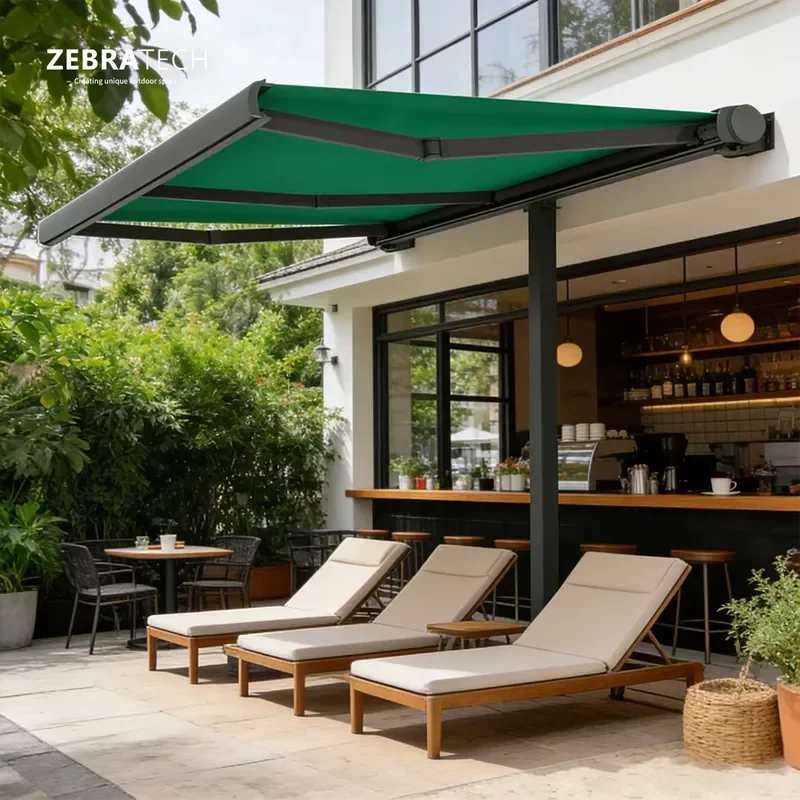Modern Outdoor Aluminum Poly Patio Retractable Awning Full Cassette Sensor Motorized Rain Canopy Operated Balcony