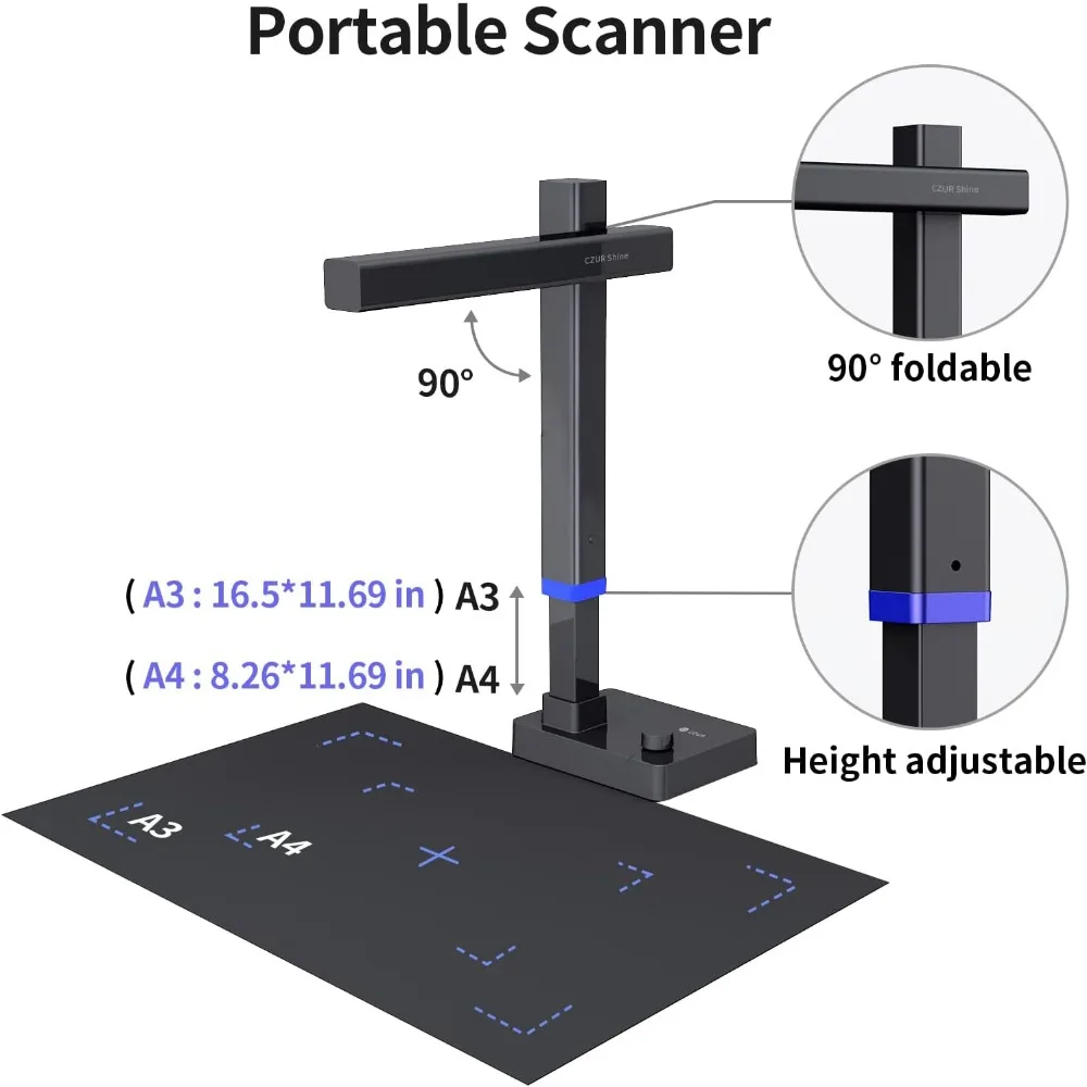 Portable USB Document Scanner, Câmera de documentos, A3 Scanner Livro Grande Formato, Altura ajustável, Max DPI 440