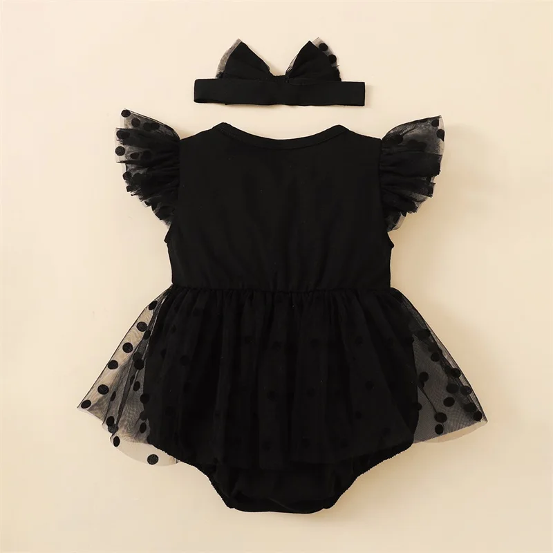 Summer Infant Newborn Baby Girl Clothes Ruffle Sleeve Dress Romper 2Pcs Dot Mesh Skirts Hem Bodysuit with Headband Set