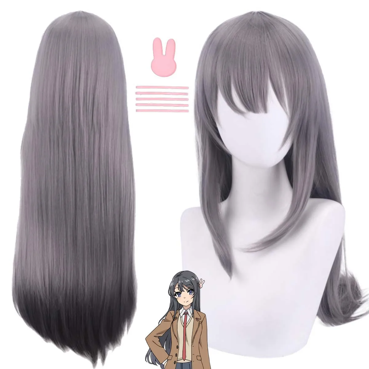 Женщины Rascal Does Not Dream of Bunny Girl Senpai Sakurajima Mai Косплей Серый парик с длинными волосами