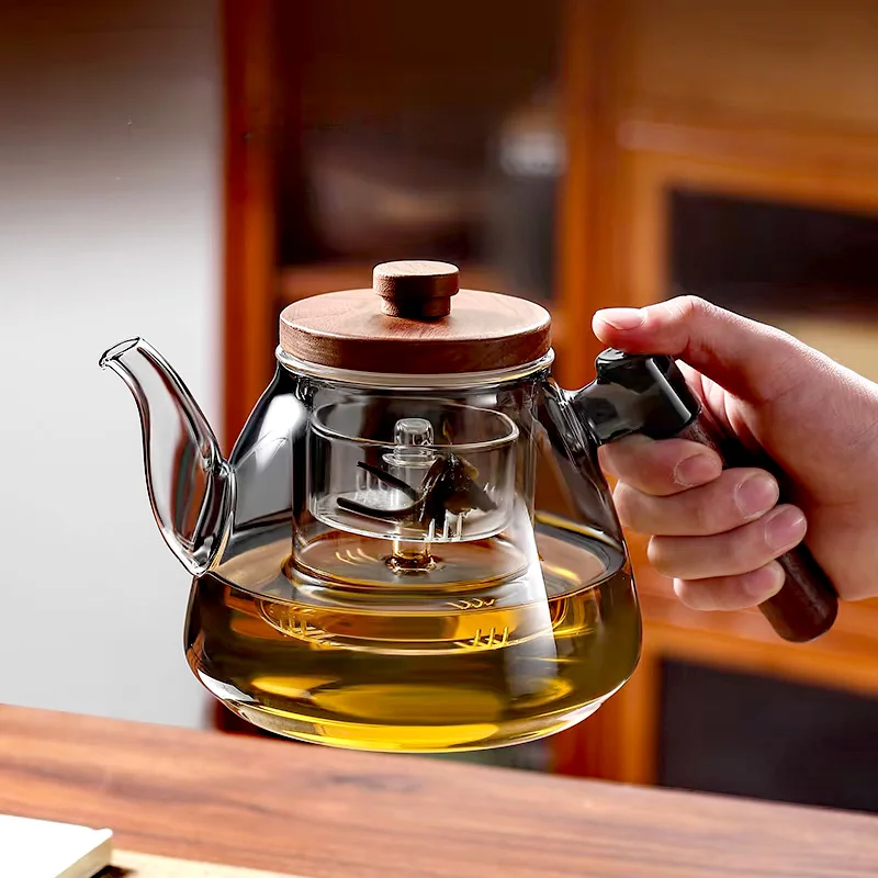 

High Borosilicate Glass Teapot With Walnut Handle Cooking and Steaming Dual Purpose Linner Infuser Glass Tea Pot Tea Kettle