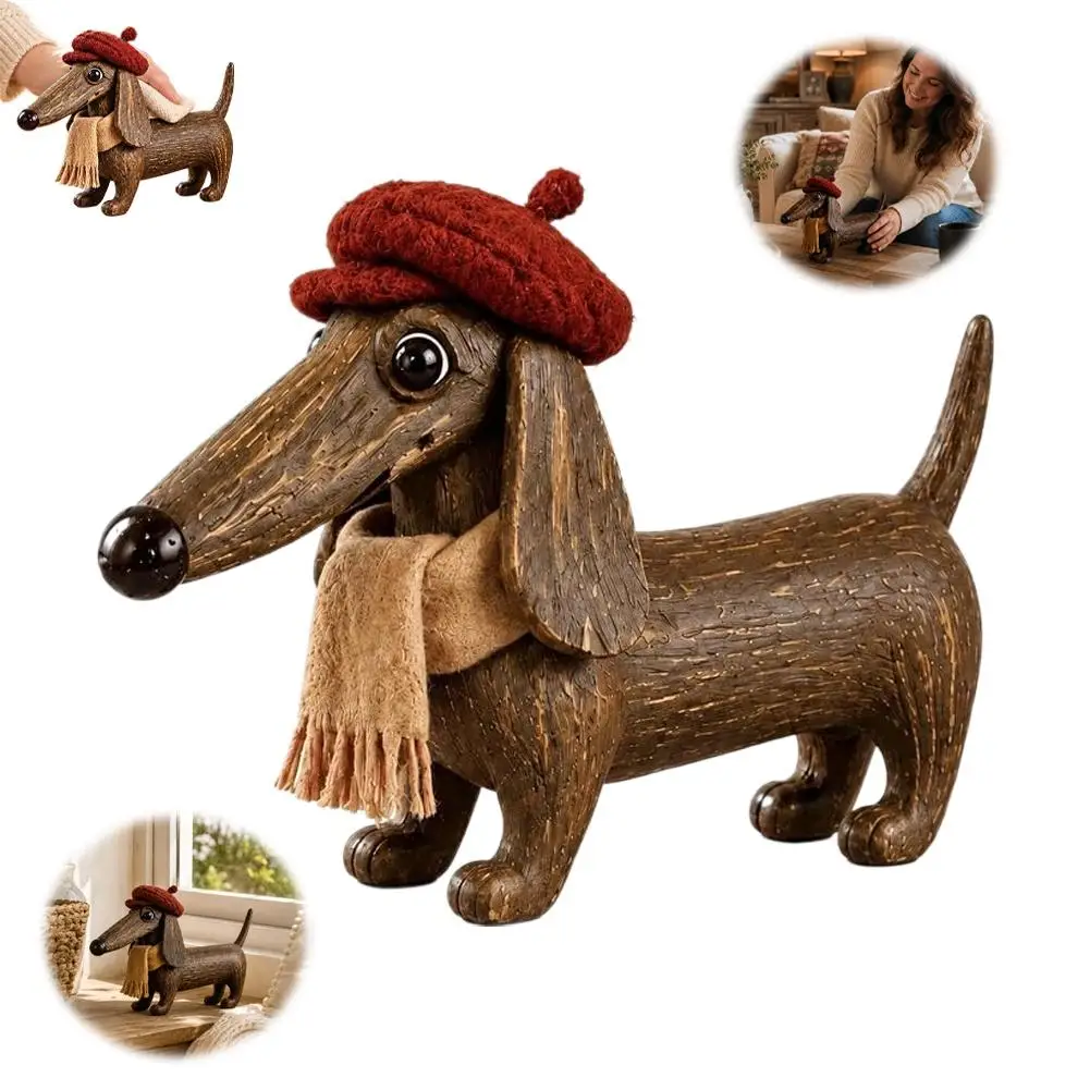 Handmade rustic wooden dachshund figurine wearing a red beret and scarf displayed on a wooden shelf next to vintage books.
