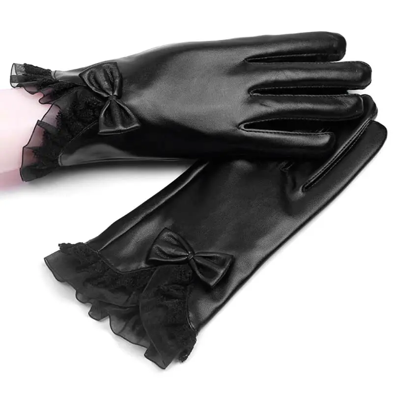 Elegant Lady Lace Bowknot Faux Leather Warm Gloves Women Full Finger Ski Gloves