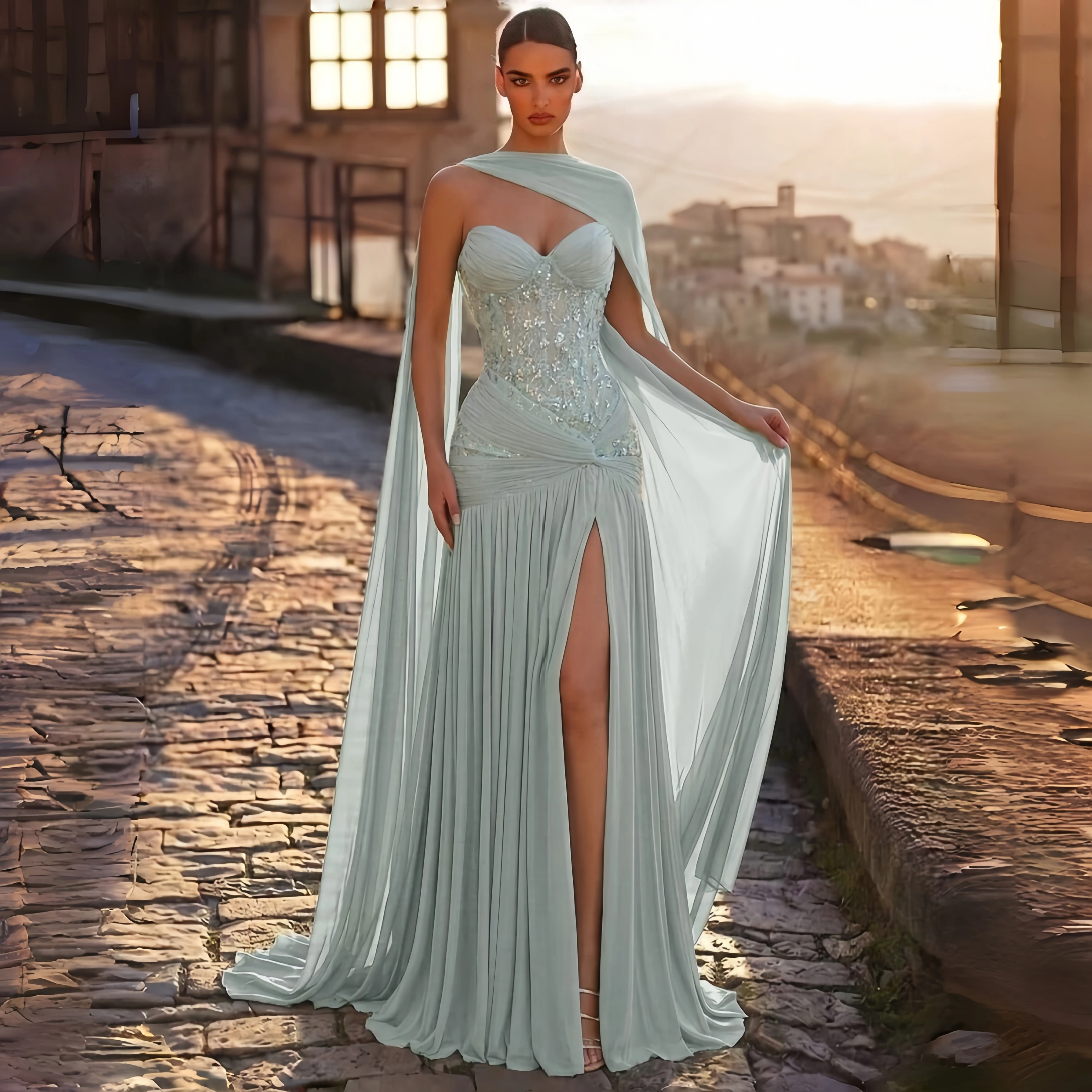 Vestido de noche largo de gasa con capa plisada, escote corazón, encaje transparente, corsé de lentejuelas, fruncido con torsión y abertura alta, para fiesta nupcial o evento.