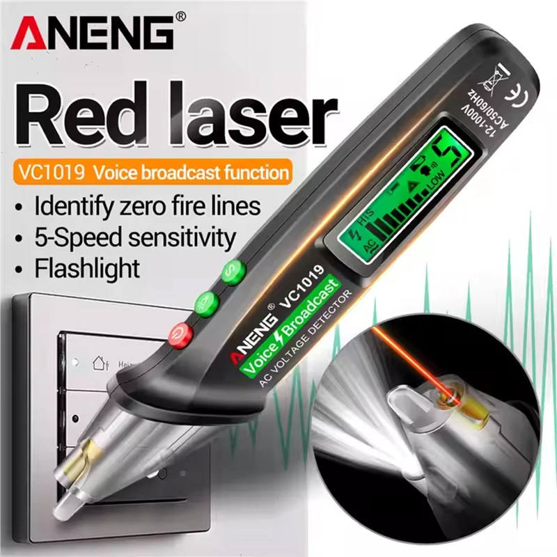 ANENG VC1019 Red Laser Test Pen 12-1000V Volt Current Non-Contact Pen Electric Teste Meter Voice Broadcast Voltage Detector Tool