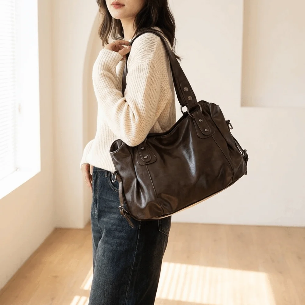 Ins Style Large Capacity Soft PU Shoulder Bag Zipper Closure Solid Color Handbag Sturdy Handle Leather Look Hobo Bag Travel