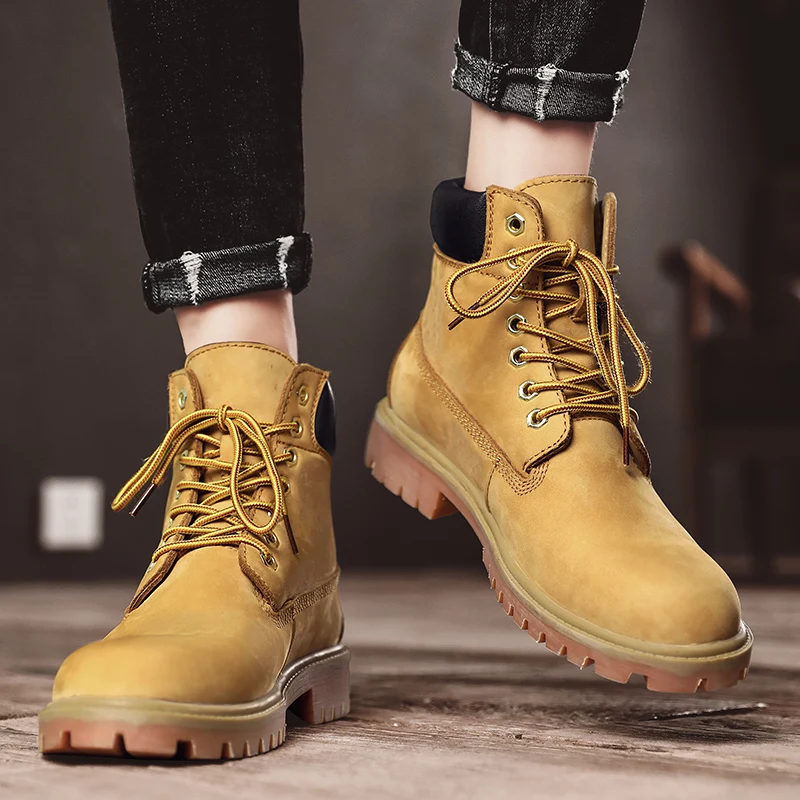 STRONGSHEN Leather Men Boots Winter Fashion Classic Ankle Yellow Designer Tactical Boots Outdoor High Quality Work Shoes Sneaker