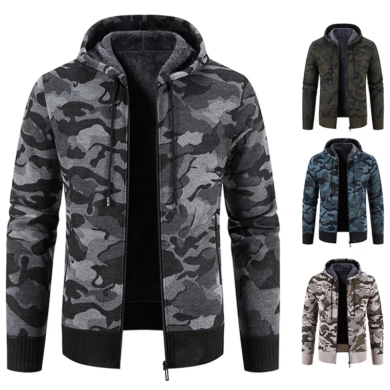 

Men Winter Hoodies Knit Sweater Coat Zip Up Camouflage Jacket Y2K Sweatshirts Fleece Zipper Open Overcoat Hombre Clothing