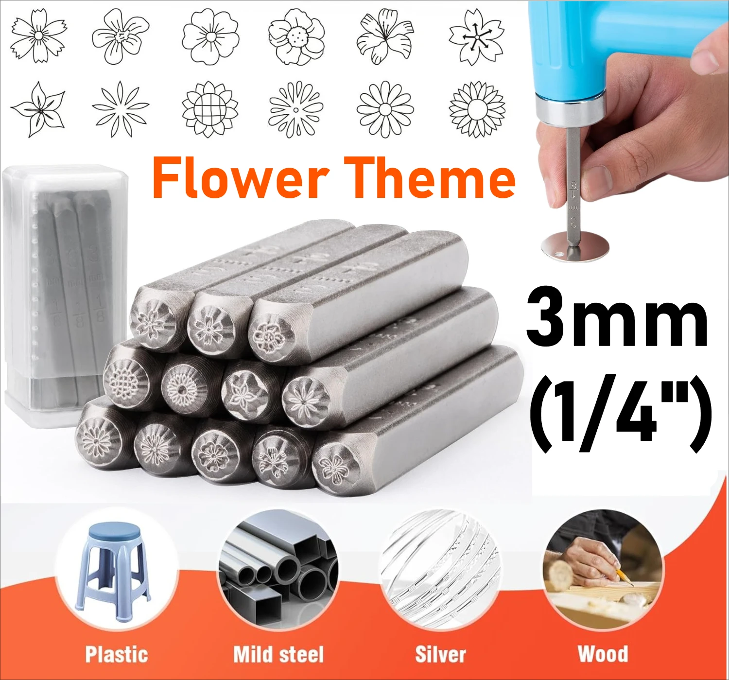 

12 шт. металлические штампы с цветочной тематикой 3 мм (1/4 дюйма), инструменты для металлической штамповки, принадлежности для рукоделия, штампы из кожи и дерева