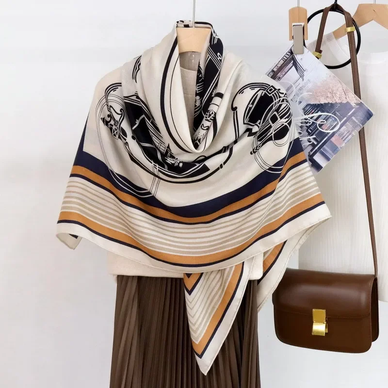 High-end Elegant Women Exquisite Collection Seal Printed Quality Silk Wool Hand-rolled Edge Warm Soft Large Square Scarf Shawl