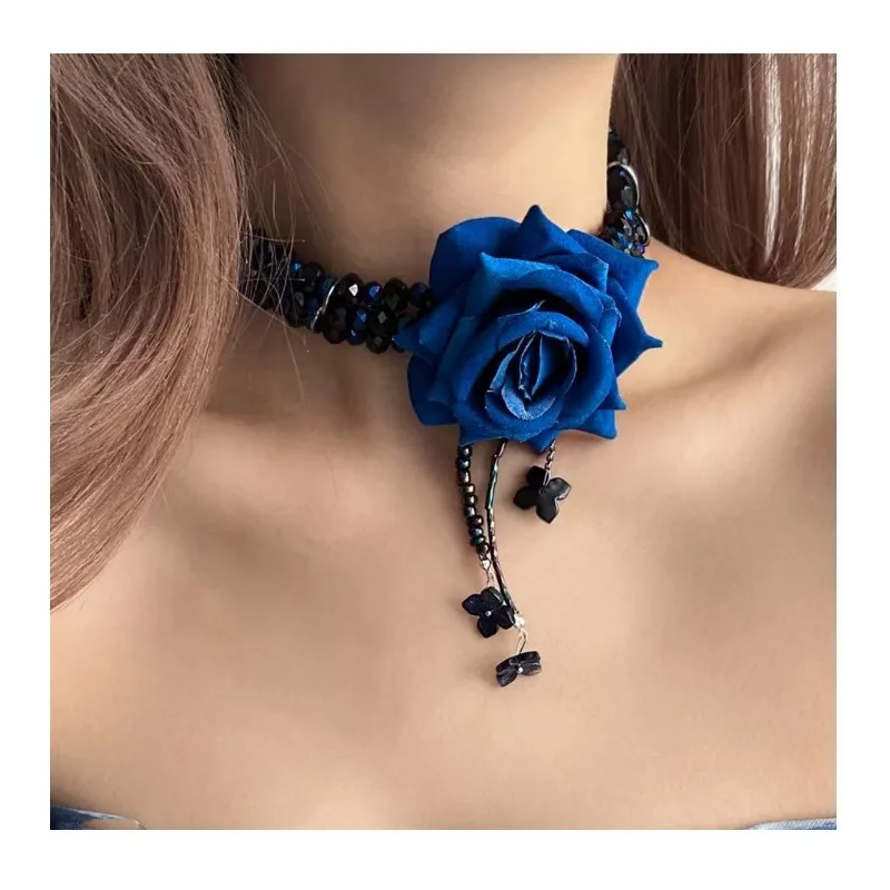 

Dark Heavy Industry Spice Girl Wind Blue Rose Beaded Neck Chain Women's Niche Luxury Neck Chain Collarbone Chain