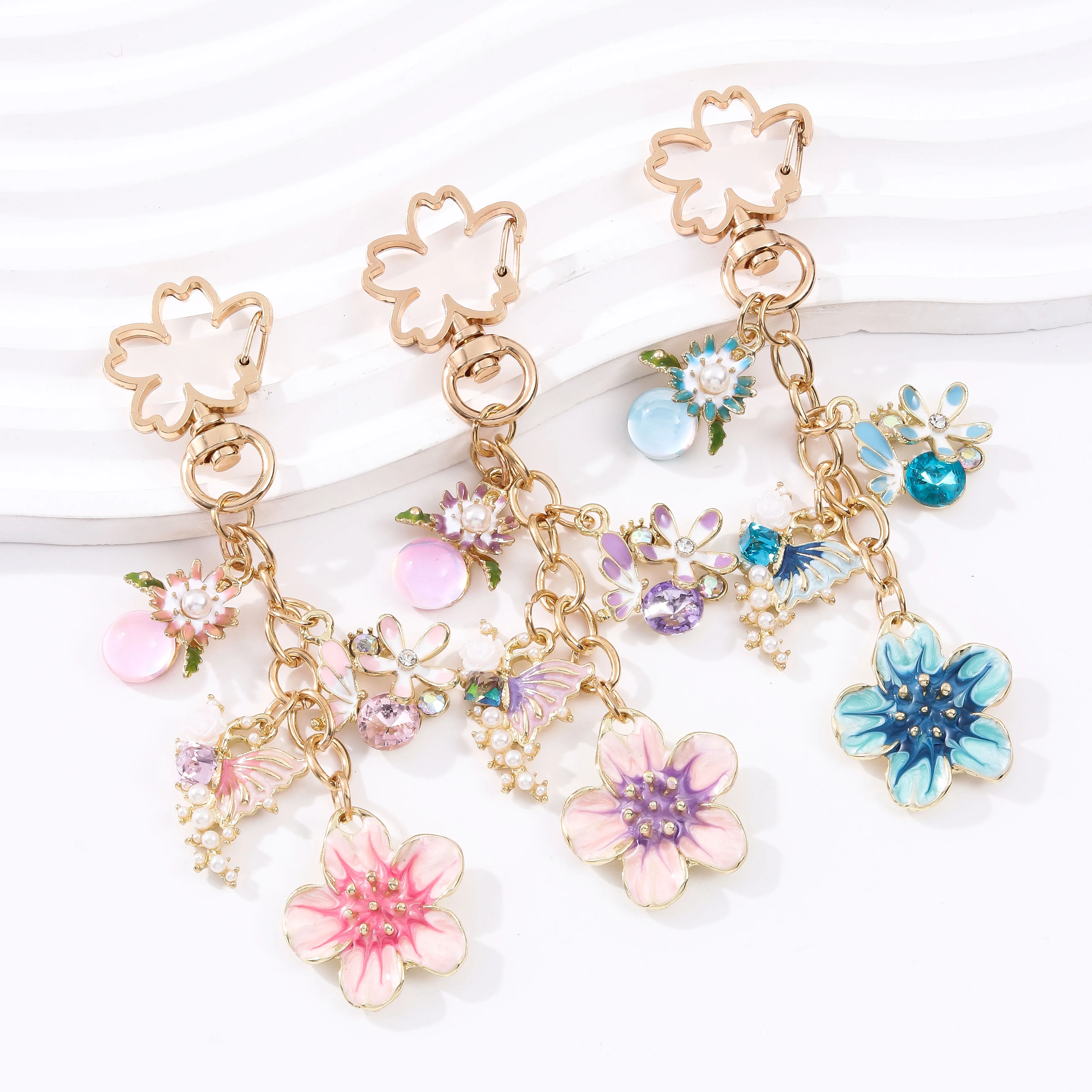 Fresh Cherry Blossom Butterfly Colorful Enamel Alloy Keychain Floral Series Bag Charms Key Ring For Nature Lovers