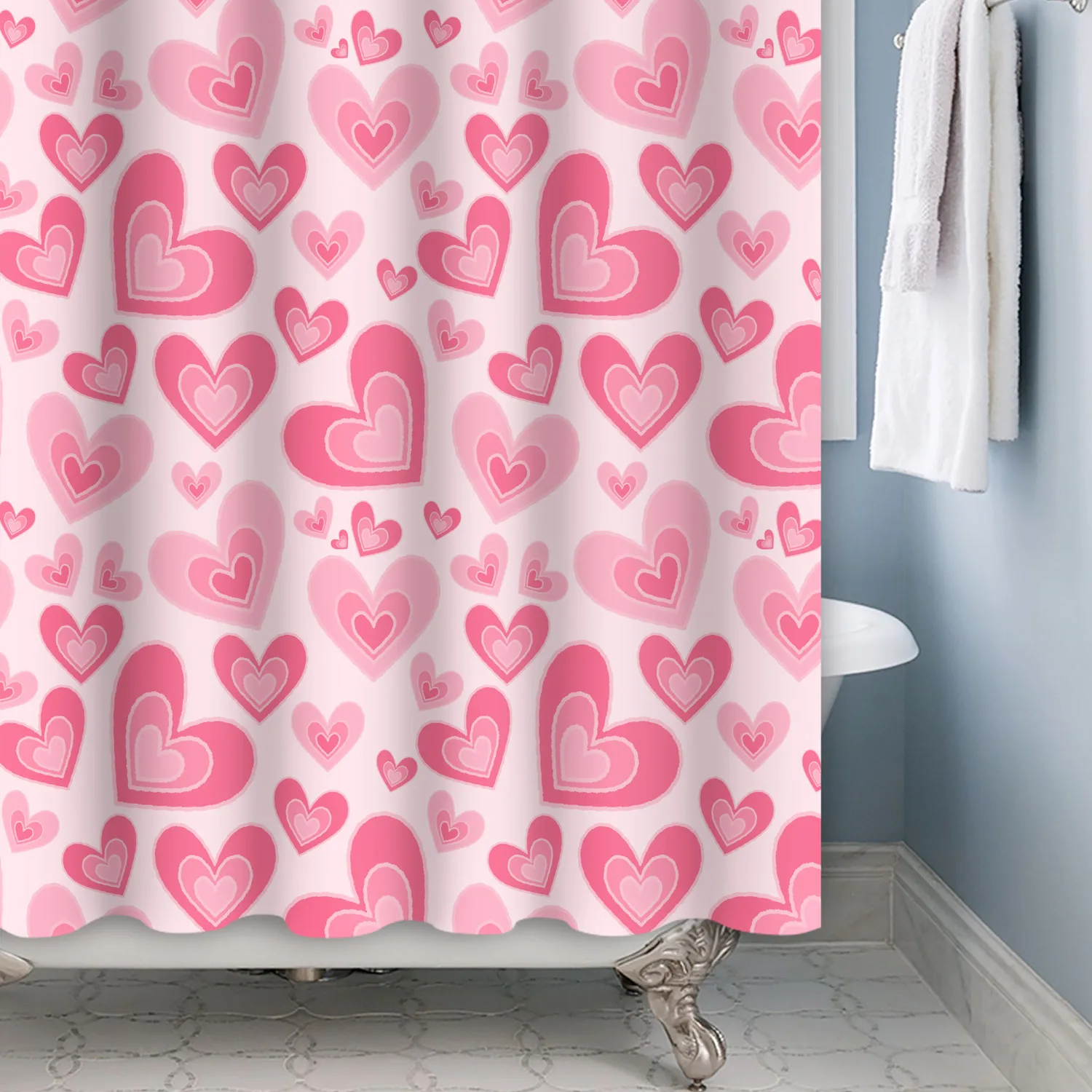 Pink Heart Shower Curtain Romantic Valentine\'s Day Bathroom Decoration Polyester Fabric Waterproof Hanging Curtains With Hooks