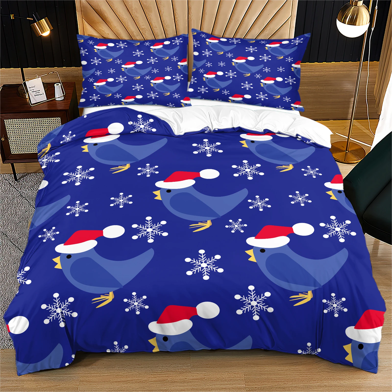 Cute Christmas Bird Duvet Cover Set Lightweight Skin‑Friendly Bedding Lovely Minimalist Holiday Bedding for Family Room
