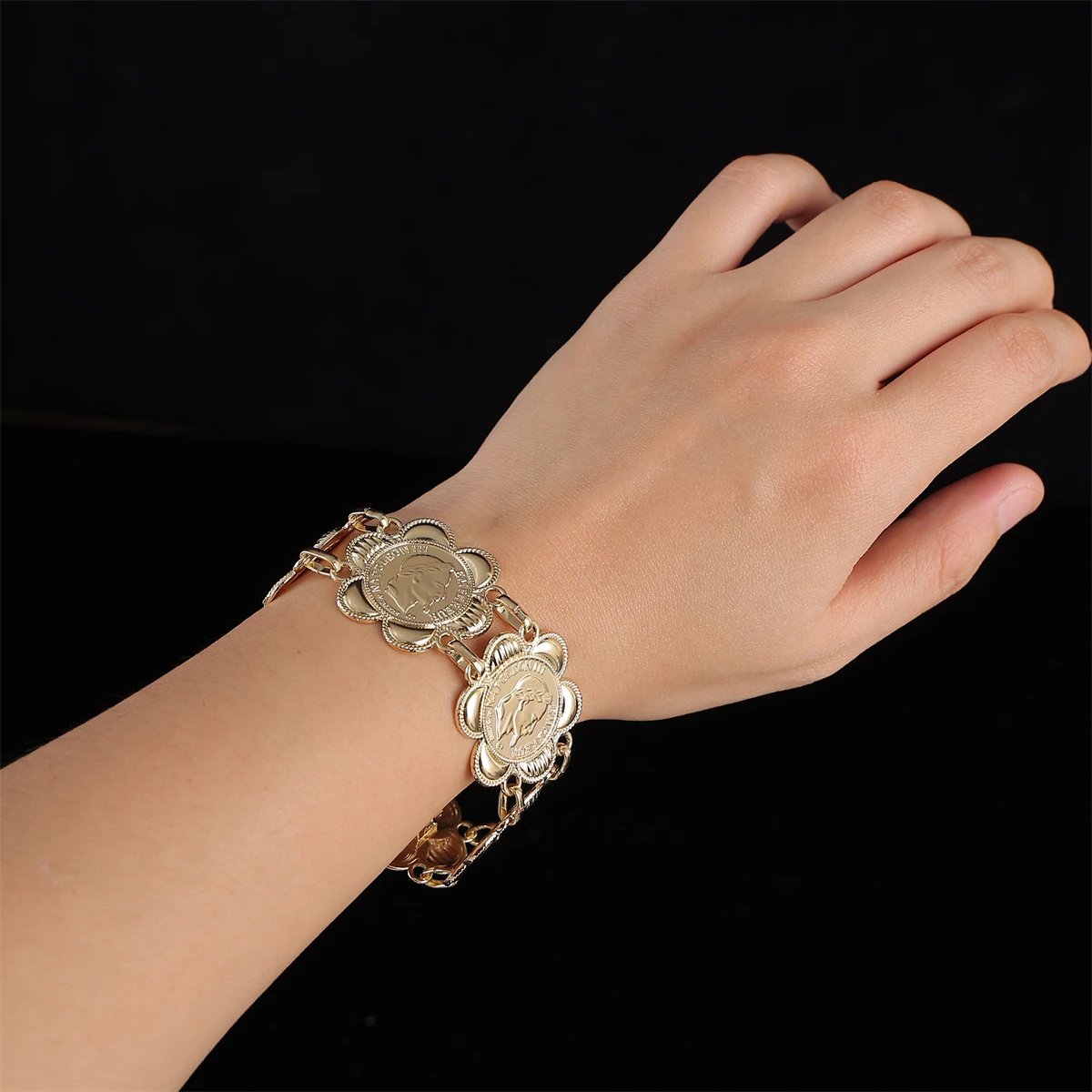 Classic French Napoleon Head Coin Bracelet Flower Shape Gold Color Women's Wedding Decoration Jewelry