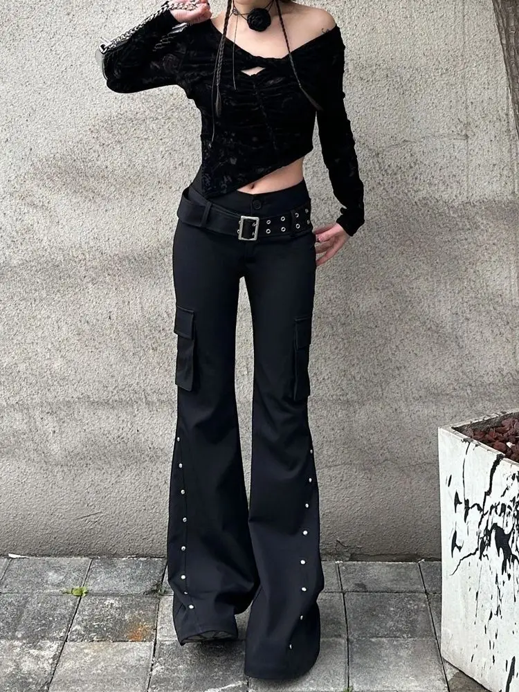 Jean évasé pour femmes, Design rétro américain à rivets noirs avec ceinture, taille basse, pantalon en Denim Y2k Harajuku, Streetwear gothique, bas de cloche