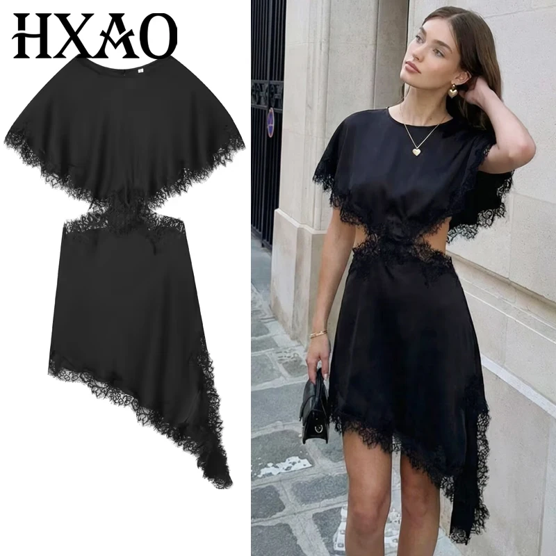 HXAO 2025 Vrouwen Kant Asymmetrische Jurk Sexy Mini Satijn Batwing Mouw Jurk Luxe vrouwen Elegante Feestjurk Hol vestido