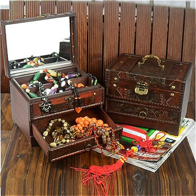 With Mirror Jewelry Box Retro Luxury Creative Jewelry Boxes Multipurpose Large Capacity Necklace Case Home Bracelet Storage Box
