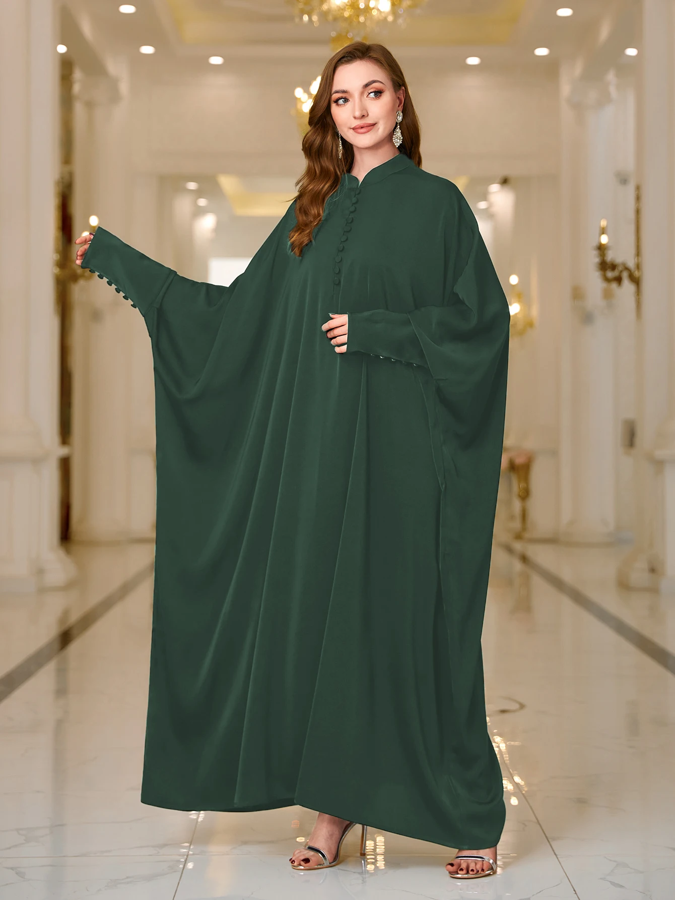 Ramadan Abaya Kaftan Sukienka dla kobiet, skromna sukienka maxi z rękawami w kształcie skrzydła nietoperza, jednolity kolor, guziki z przodu, odzież damska