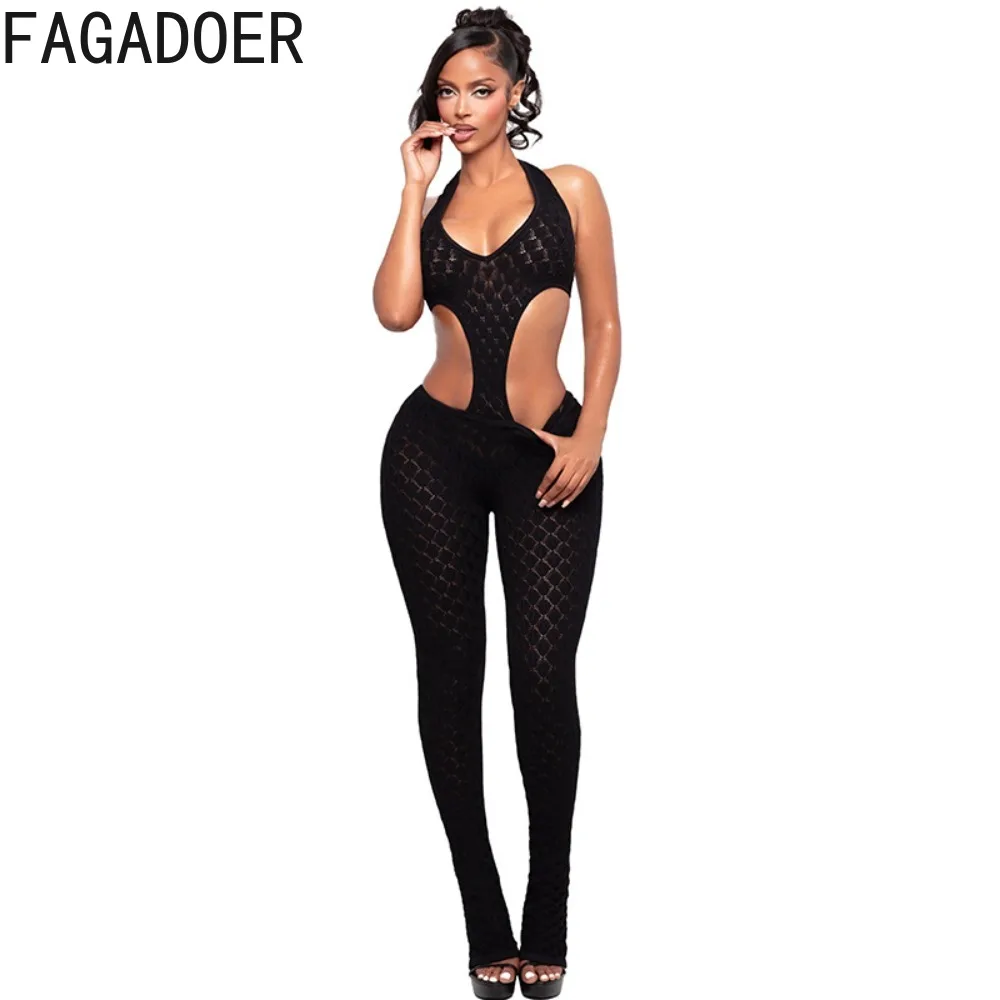FAGADOER Sexy Lace Hollow-out Patchwork Bodycon Jumpsuits Woman Halter See Through Backless Rompers Female Streetwear Overalls - Image 4