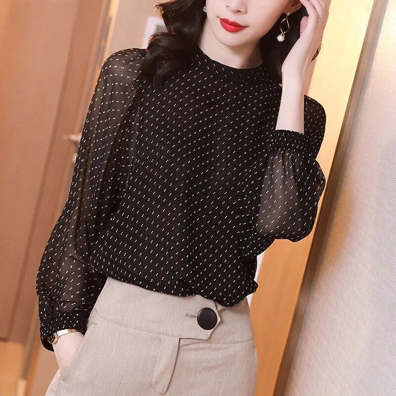 여성용 스탠드 칼라 물방울 무늬 우아한 루즈 캐주얼 랜턴 소매 쉬폰 상의, 단색 용수철, 가을 신상, 2024
