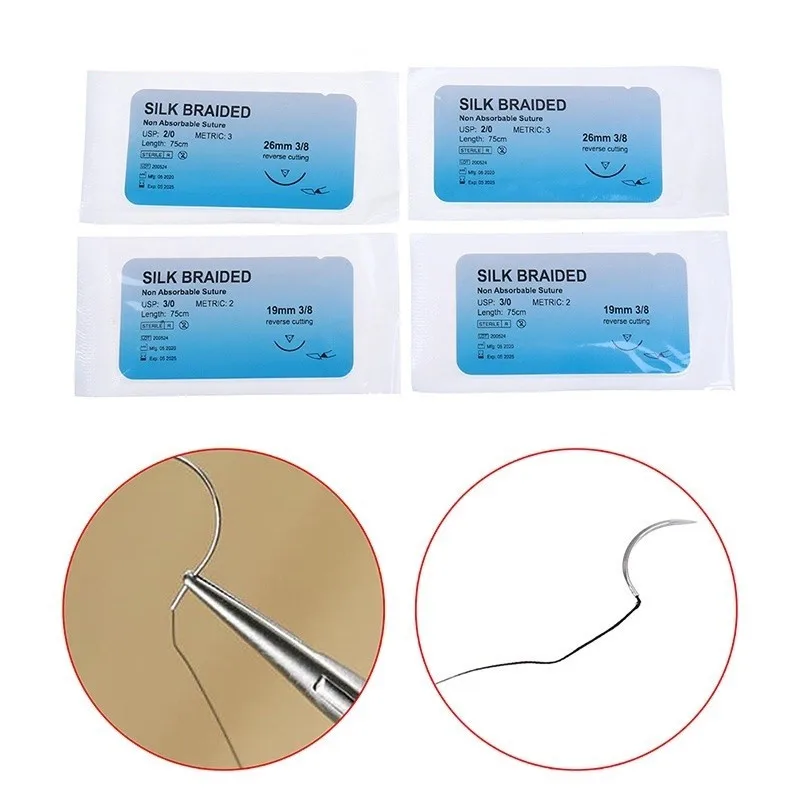 10Pcs Medical Needle Suture Silk Braided Monofilament Thread Suture Practice