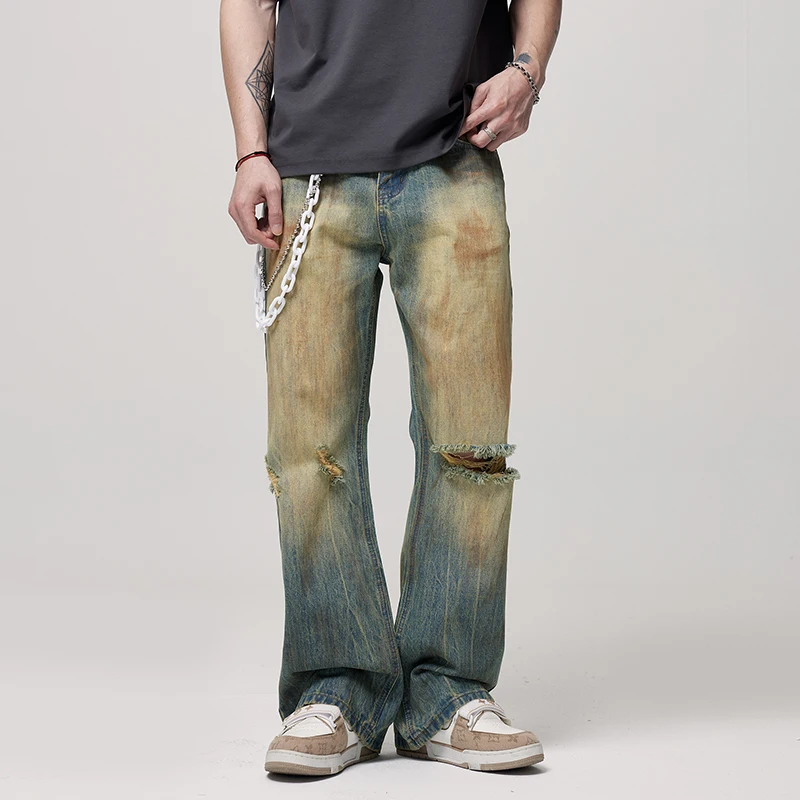 2024 New Y2K High Street Yellow Mud Dyed Distressed Ruan Shuai Ripped Jeans Men's Fashion Brand Retro Casual Loose Pants