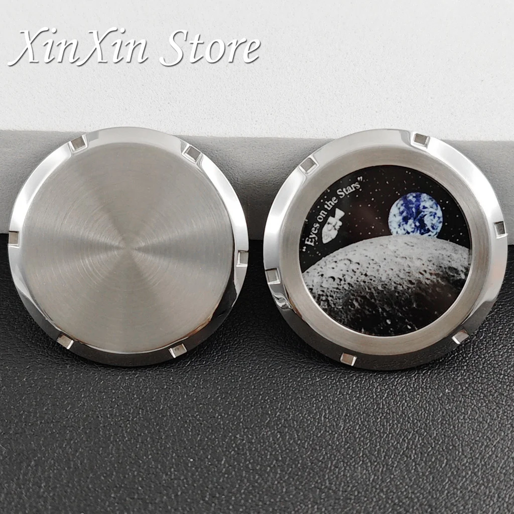 Moon Earth Pattern Watch Case Back Stainless Steel Watch Bottom Cover For Modified Watch Fit VK63 Movement For Speedmaster Case