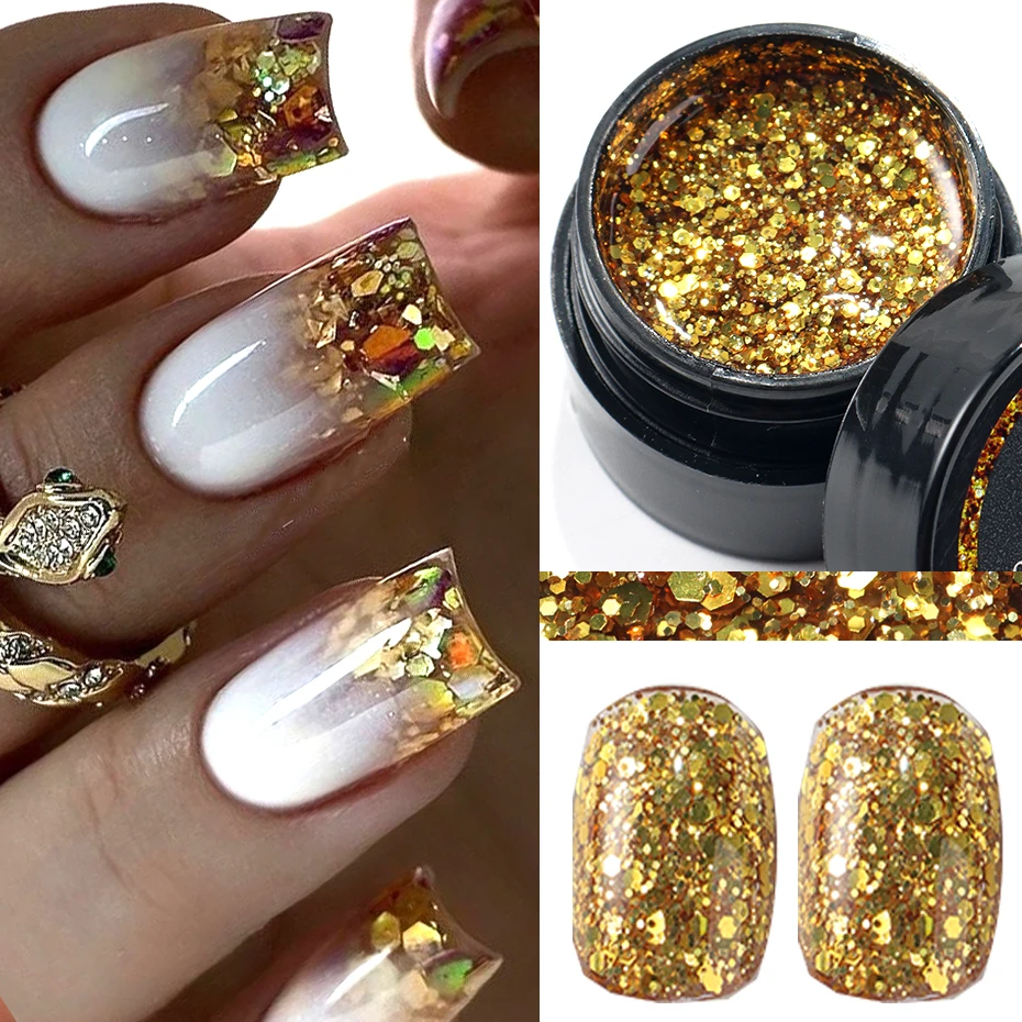 Champagne Gold Glitter Reflective Nail Gel Polish Sparkling Nail Gel Crystal Glitter Graffiti Stripe Pull Line Nail UV Gel