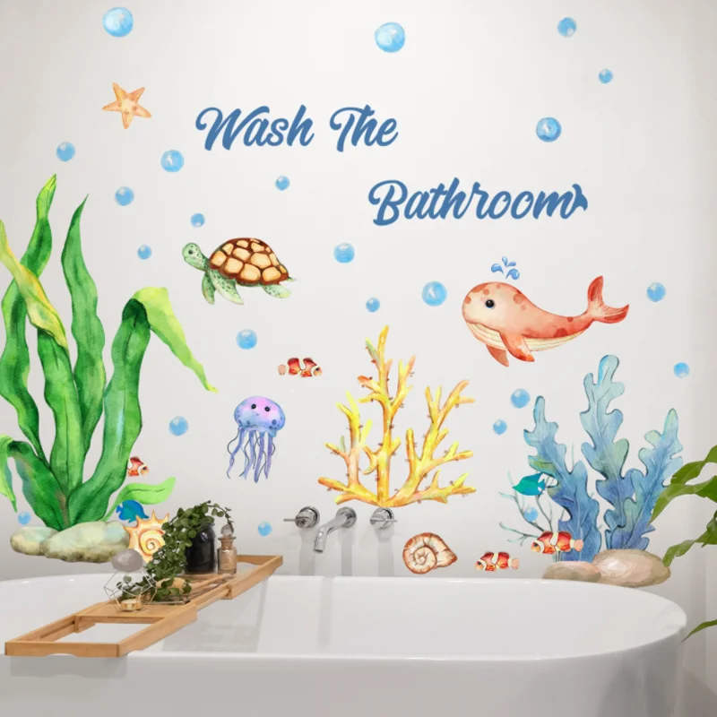 Animal Sea Grass Jellyfish Wall Sticker Children Bedroom Background Decora Kindergarten Classroom Sticker Antifouling Removable