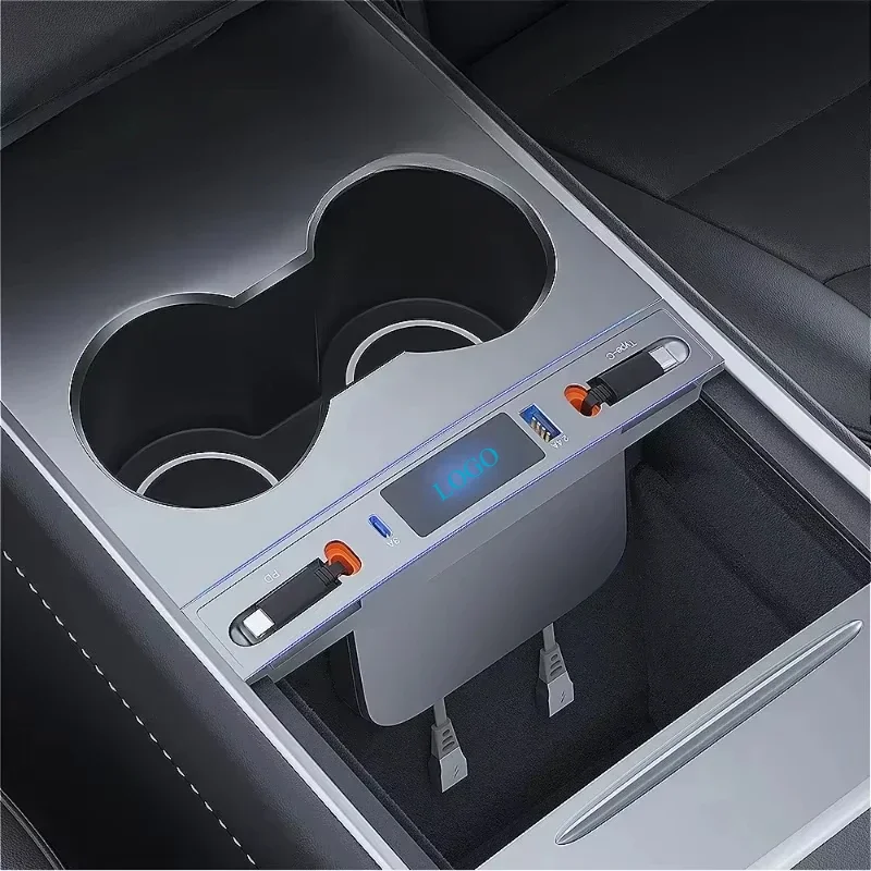 Stasiun Dok untuk Aksesori Tesla Model 3 Y Pengisi Daya Cepat 27W Hub USB Ekstensi Konsol Tengah Sensor Pintar 2021-2023