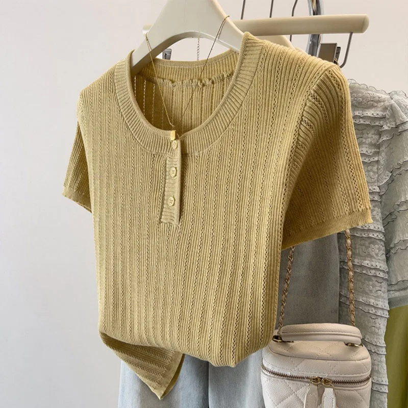 

Knitwears Loose Short Sleeve Knitted Sweater Women Pullovers New O-Neck Knit Sweater Pullover Women Tops Women Clothing Q2696