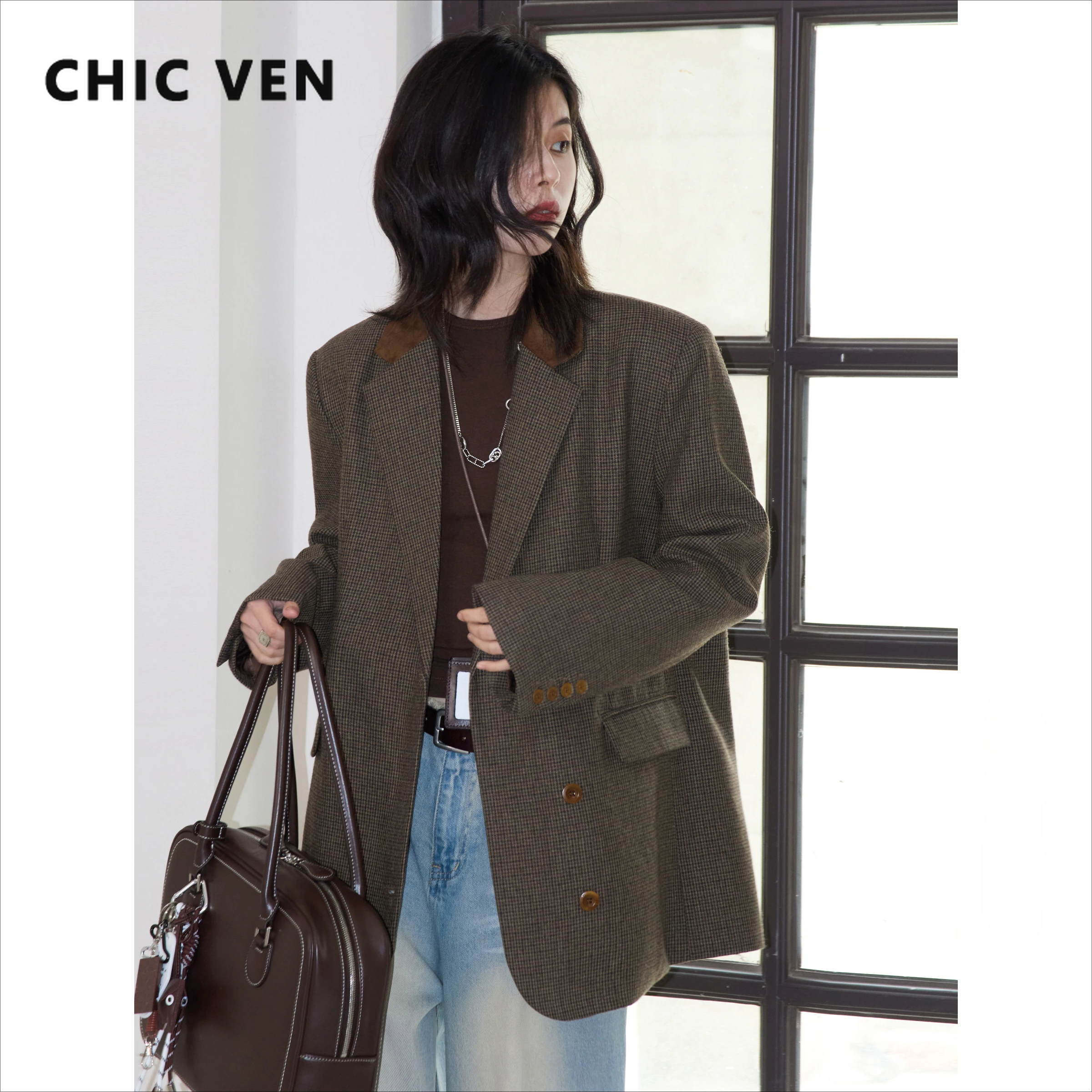 CHIC VEN Women\'s Woolen Blazer Loose Retro Single Breasted Female Jacket Mid Length Plaid Coat for Woman Autumn Winter 2024