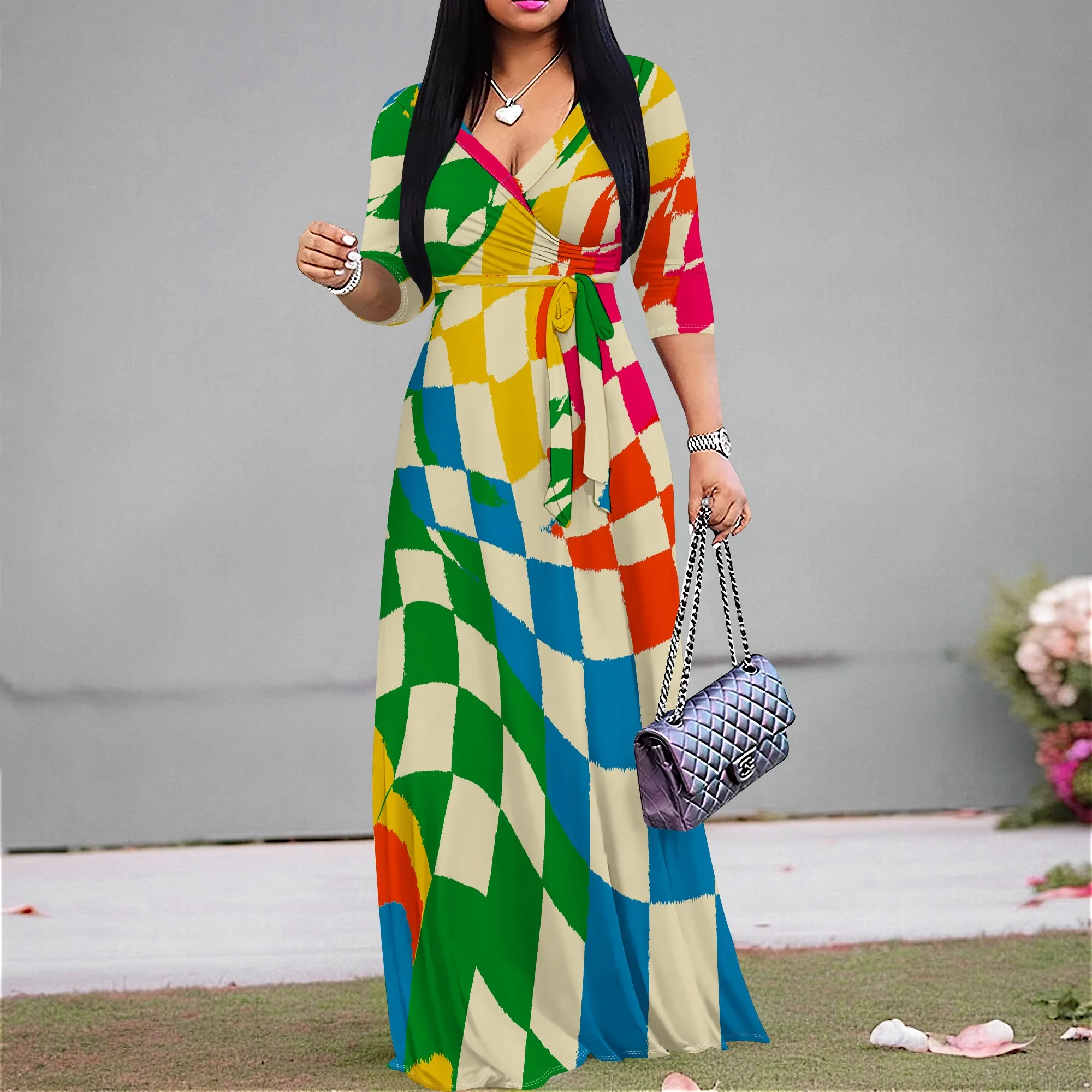 

Women’s Colorful Checkered Print Maxi Dress XS-3XL V Neck Tie Waist Long Sleeve Flowy Dress Summer 2025 Vacation