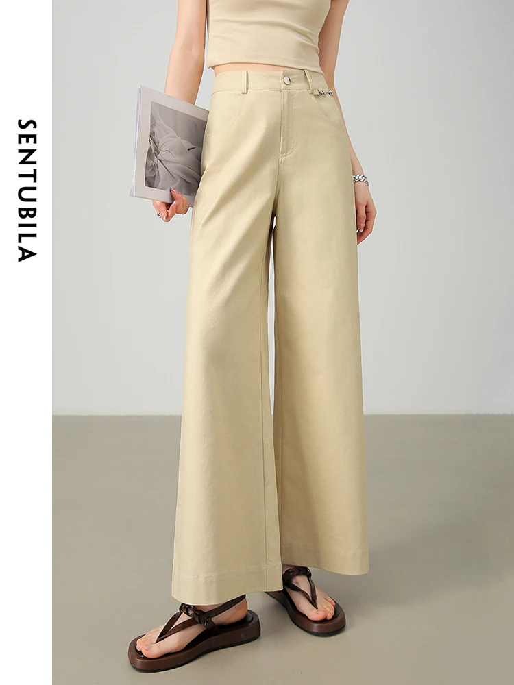 

SENTUBILA Women Cotton Blend Wide Leg Pants Female Trouser 2024 Summer Khaki Loose Casual Simple Long Pants Woman 142K54707