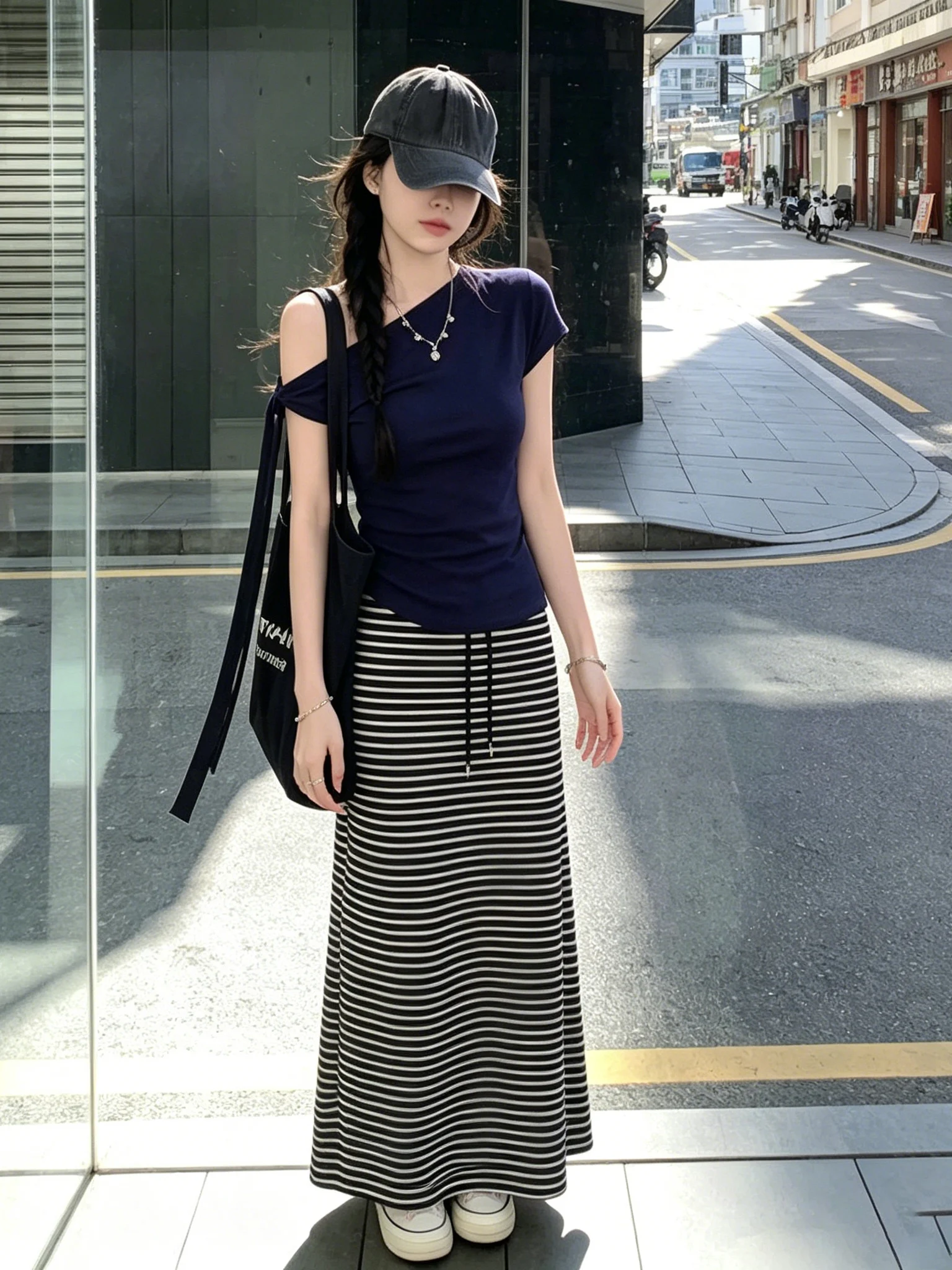 

Casual Stripe Pattern Two-Piece Set Women's Loose Fit Top And High Waist Skirt Slimming Korean Style Spring Summer Fashion