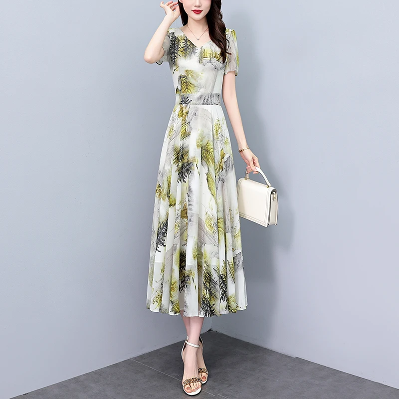 Women Chiffon Long T-shirt Dresses Summer Female V Neck Short Sleeve Large Size Elegant Slim A Line Floral Printed Pleated Robe