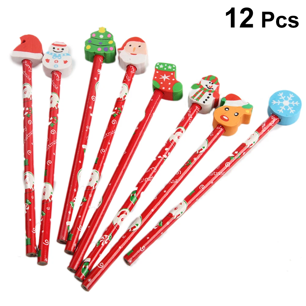 12pcs Christmas Theme Pencils With Erasers Wooden Pencil With Santa Claus Topper Xmas Stocking Stuffers Xmas Goodies Bag Filler