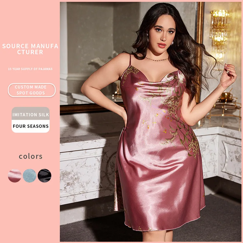 

2025 New Women's Plus Size Soft Silk-Like Slip Dress Spring Summer Sexy Printed Minimalist Loose Breathable Pajamas Loungewear