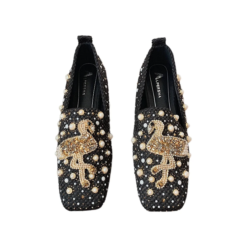 

Fashion Diamond Autumn Winter Internet Celebrity Flat Low Lazy Versatile Small Fragrance Square Head Single Shoes
