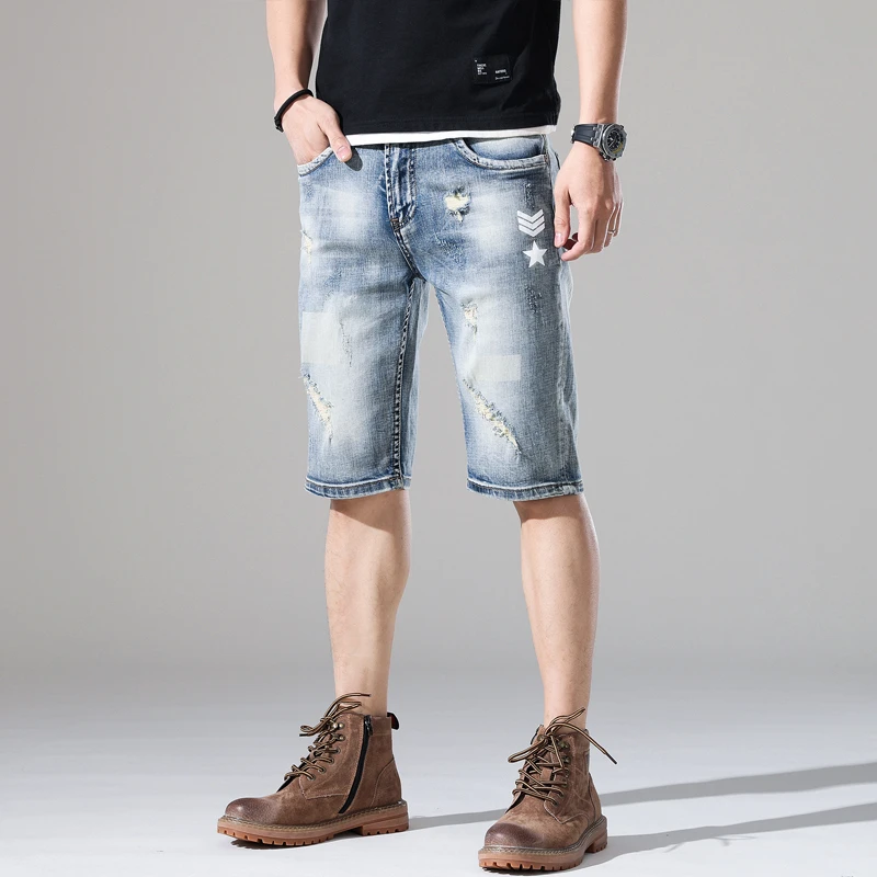 Summer new thin and distressed denim shorts for men's elastic slim fit Korean version denim ripped skinny jeans men