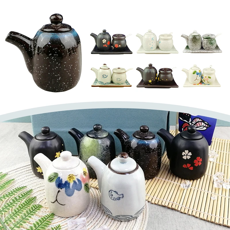 1pc/3pcs Japanese Ceramic Oil Vinegar Dispenser Bottle Sauce Olive Jar Container Ponzu Soy Cruet Kitchen Restaurant Service Tray